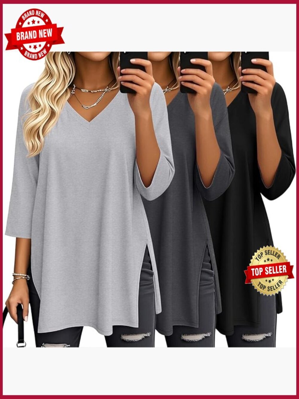 3 Pack 3/4 Sleeve V Neck Oversized Tunic Tops Comfy Loose Fit Tees